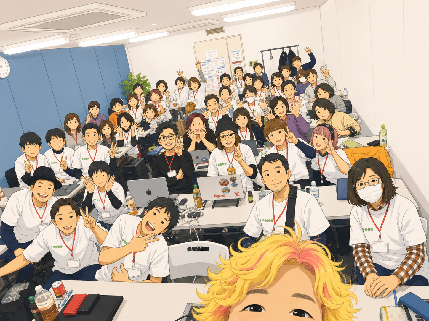 勉強会に集まった参加者たちが笑顔で写っている集合写真風のイラスト