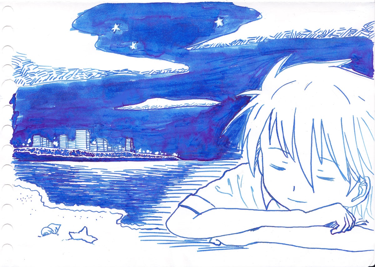 青いインクで描かれた静かな夜の街並み