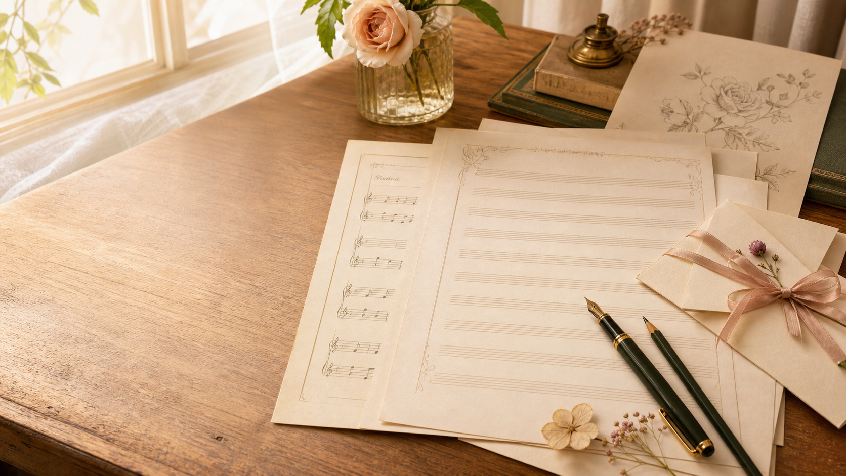 窓辺の木の机に、楽譜用紙、万年筆、贈り物の封筒、花が並ぶ音楽アトリエの風景